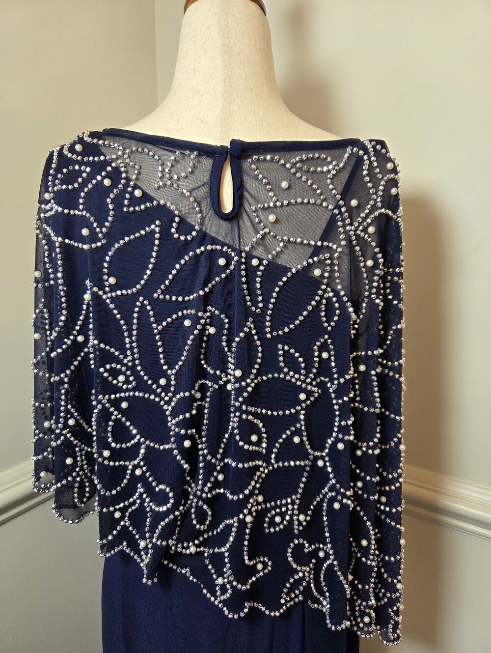 MSK Navy Embellished Cape Formal Gown Rhinestone Pearl Maxi Dress M - Picture 4 of 13